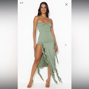 Hello Molly - All the Frills Strapless Midi Dress Khaki (WORN ONCE) - Size Small